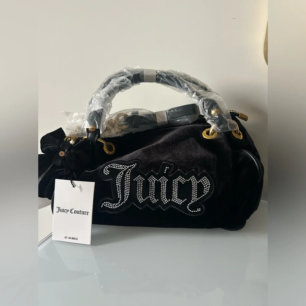 Black velvet rhinestone logo gold hardware satchel Bag